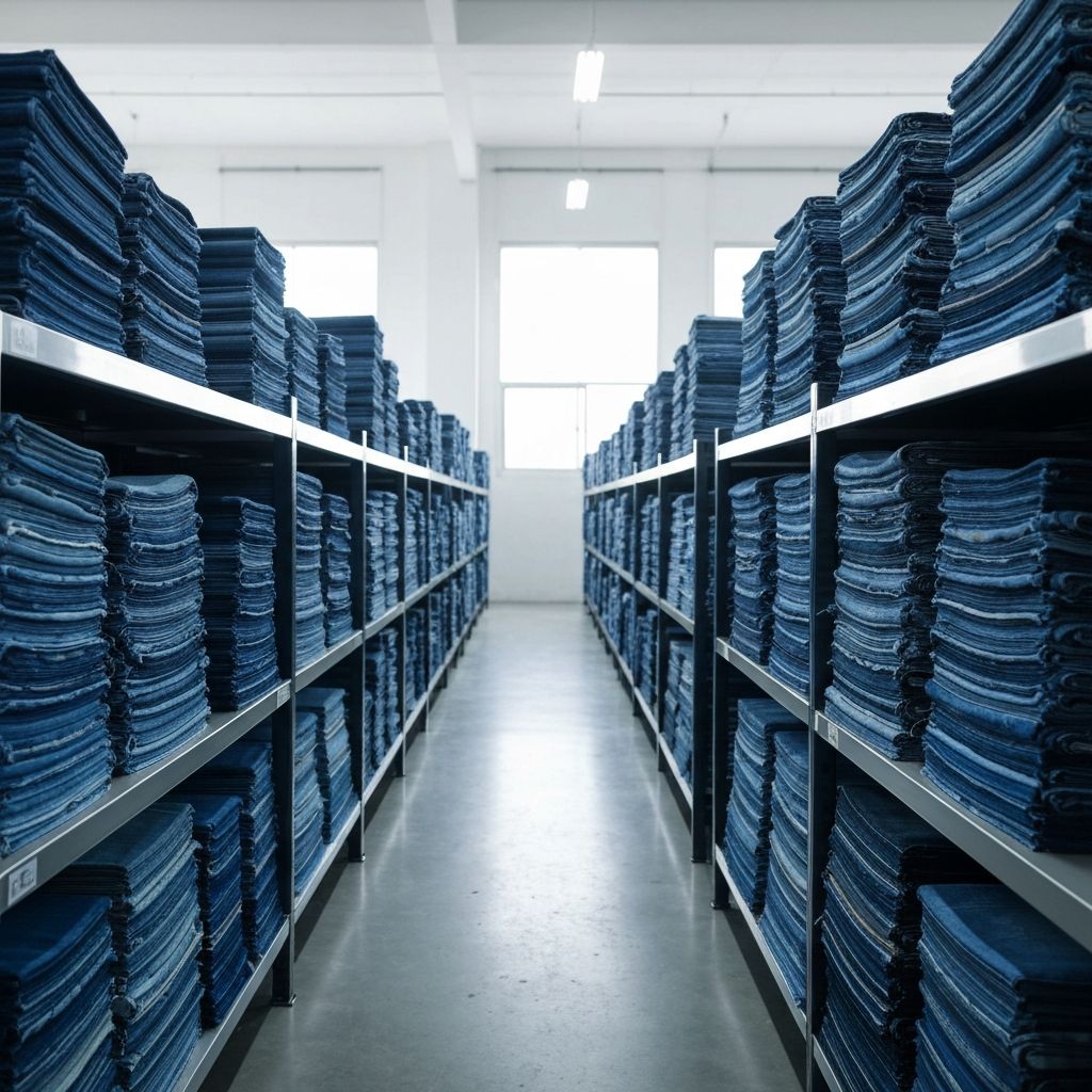 Premium denim fabric rolls in warehouse